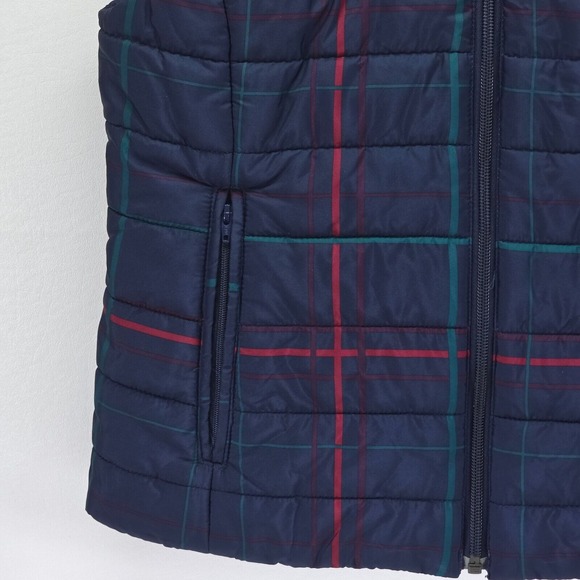 LOFT Puffer Vest Womens Small Navy Plaid Clueless Preppy Academia Style Full Zip - Picture 11 of 16